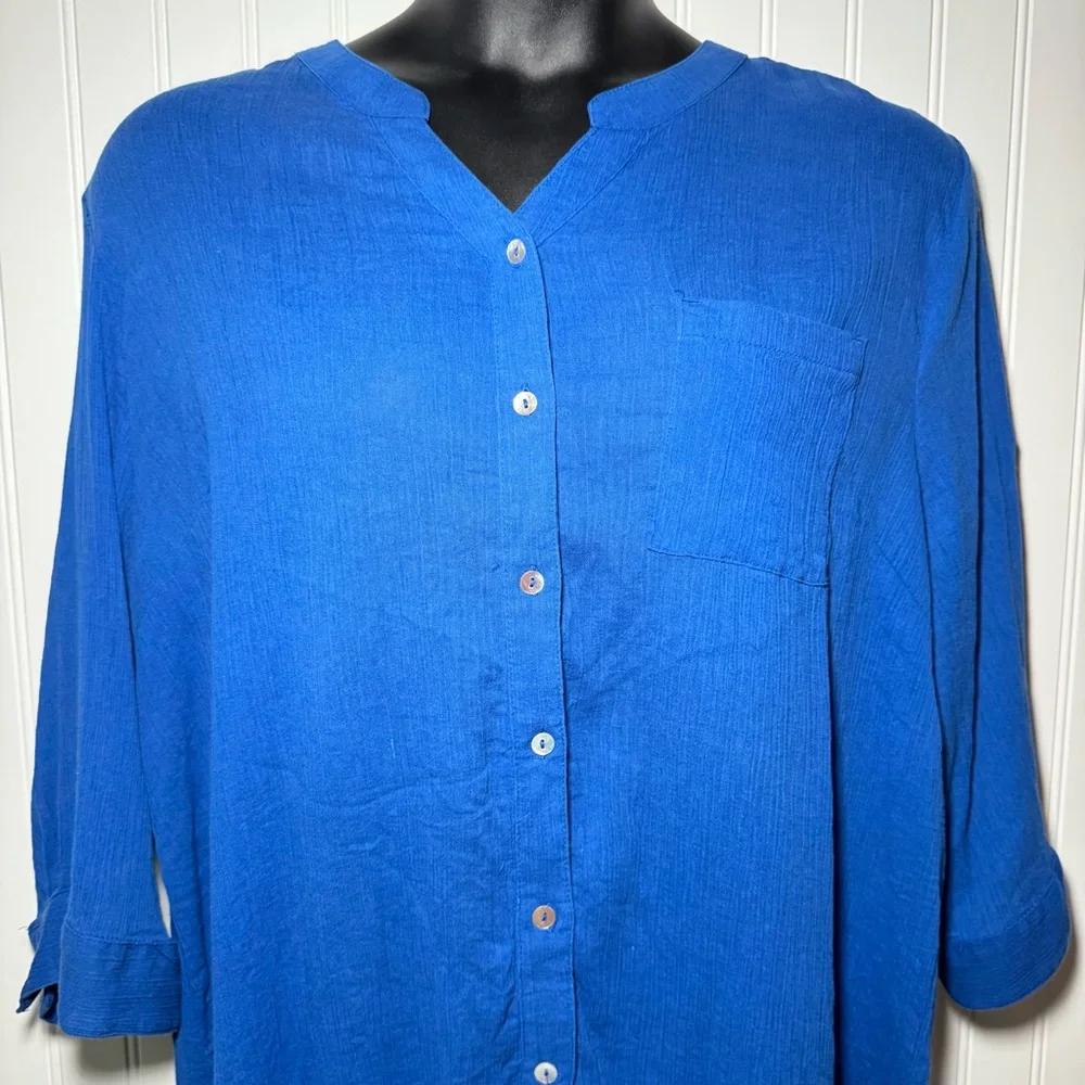 Catherine’s Blouse Women’s 2X Blue Gauzy Tunic Slits Roll Tab 3/4 Sleeves Casual - Picture 3 of 14